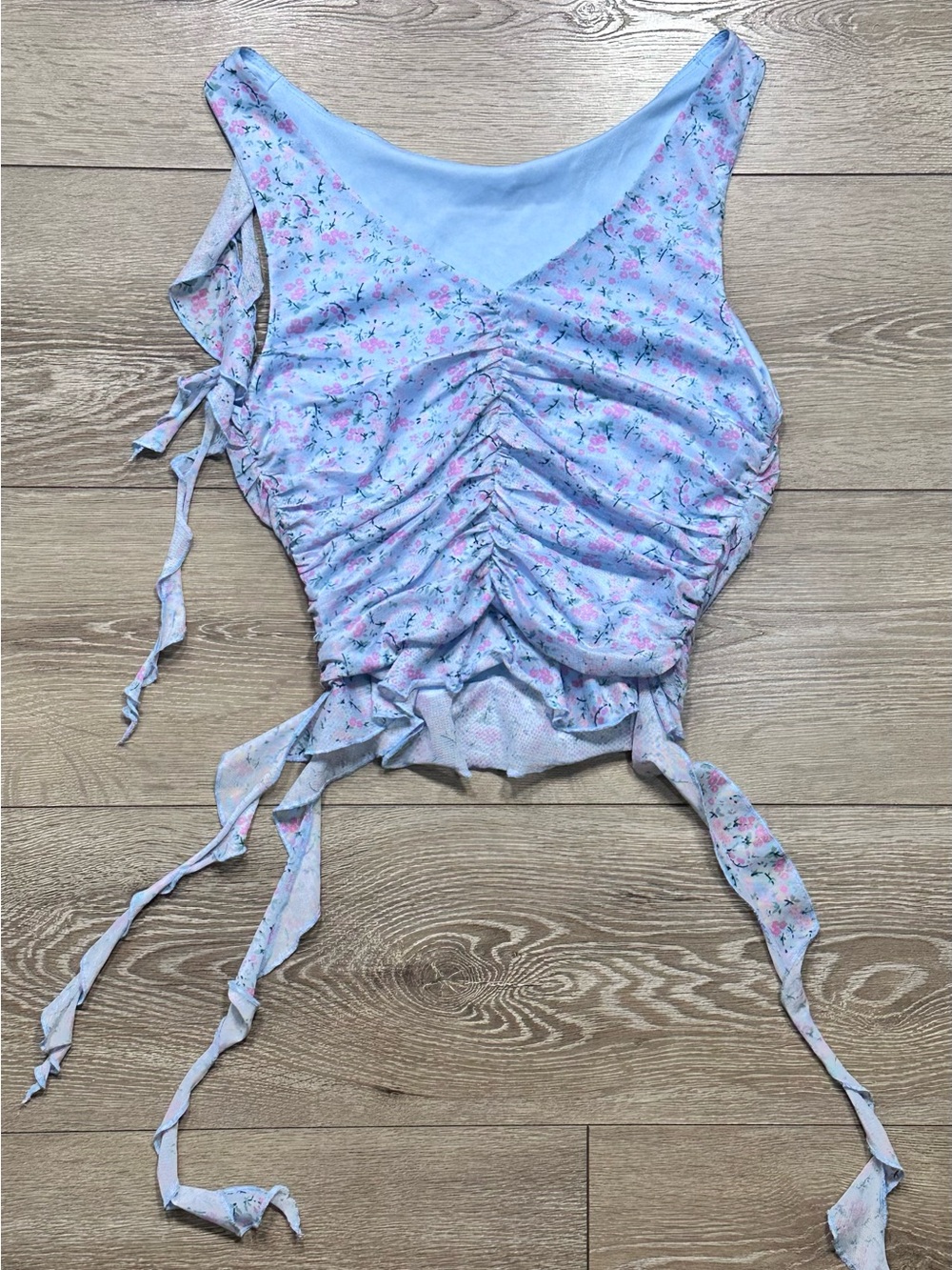 Lush Mesh Ditsy Floral Ruched Tank Top Ruffled - Picture 12 of 14